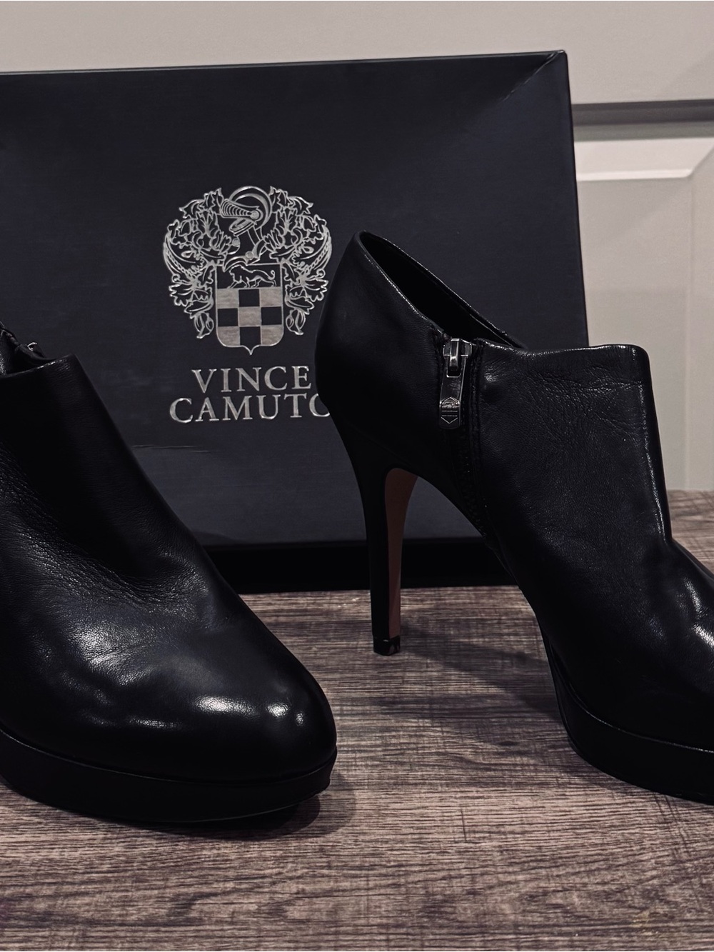 Vince Camuto Black Leather High-Heel Ankle Booties with Side Zip